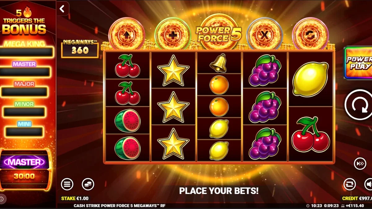 Interface do jogo Cash Strike Power Force 5 Megaways com símbolos de frutas