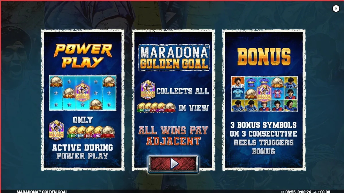 Maradona Golden Goal slot machine interface featuring football legend theme